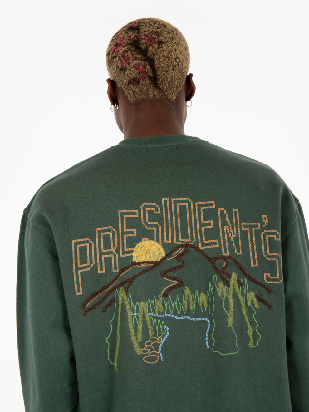 Landscape hand embroidery university green sweatshirt