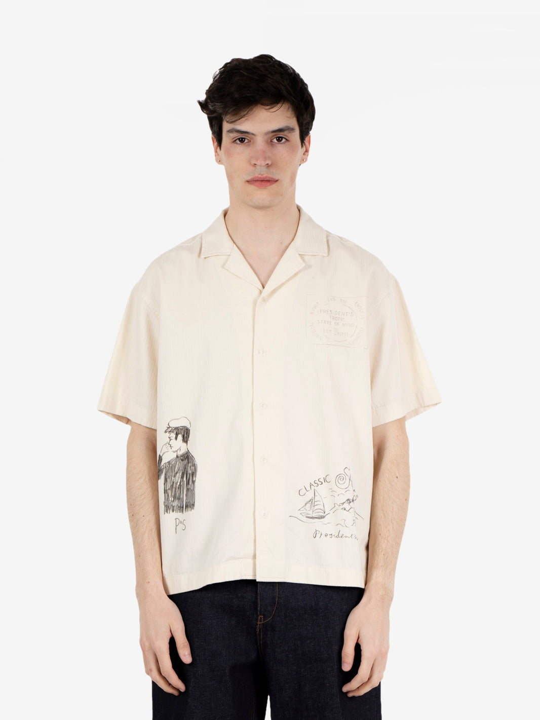 Shirt Reef Herringbone hand printed washed ecru