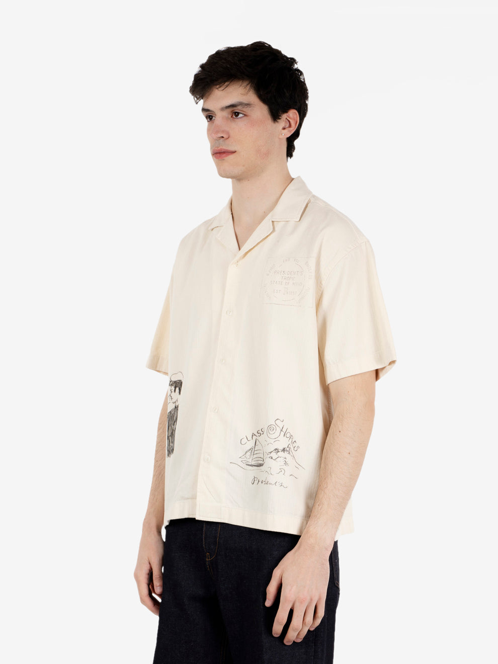 Shirt Reef Herringbone hand printed washed ecru