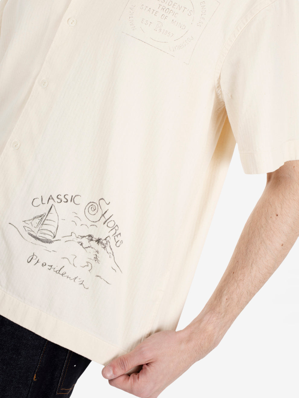 Shirt Reef Herringbone hand printed washed ecru