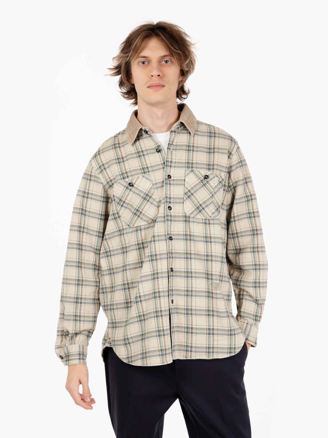 Kansas heavy check destroyed overshirt ecru / green