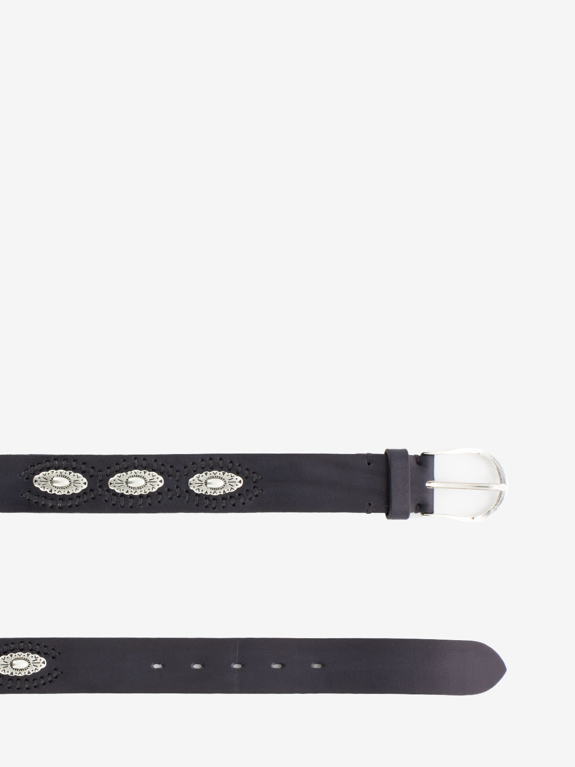 Black leather belt with applications and embroidery
