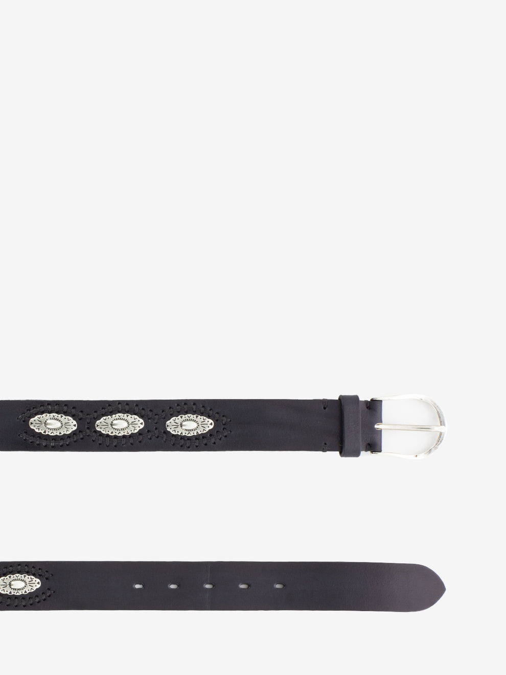Black leather belt with applications and embroidery