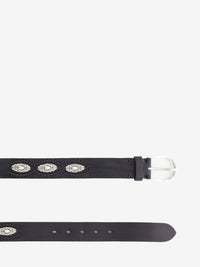 Black leather belt with applications and embroidery