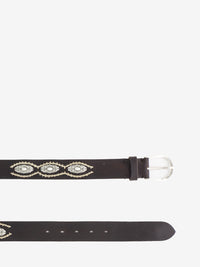 Dark brown leather belt with applications and embroidery