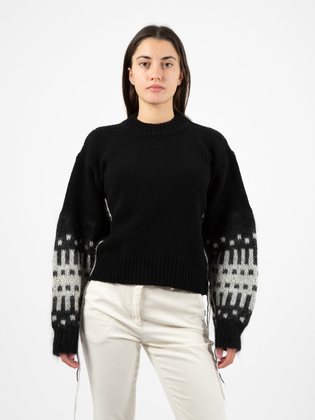 Maglione girocollo manica jacquard nero / bianco