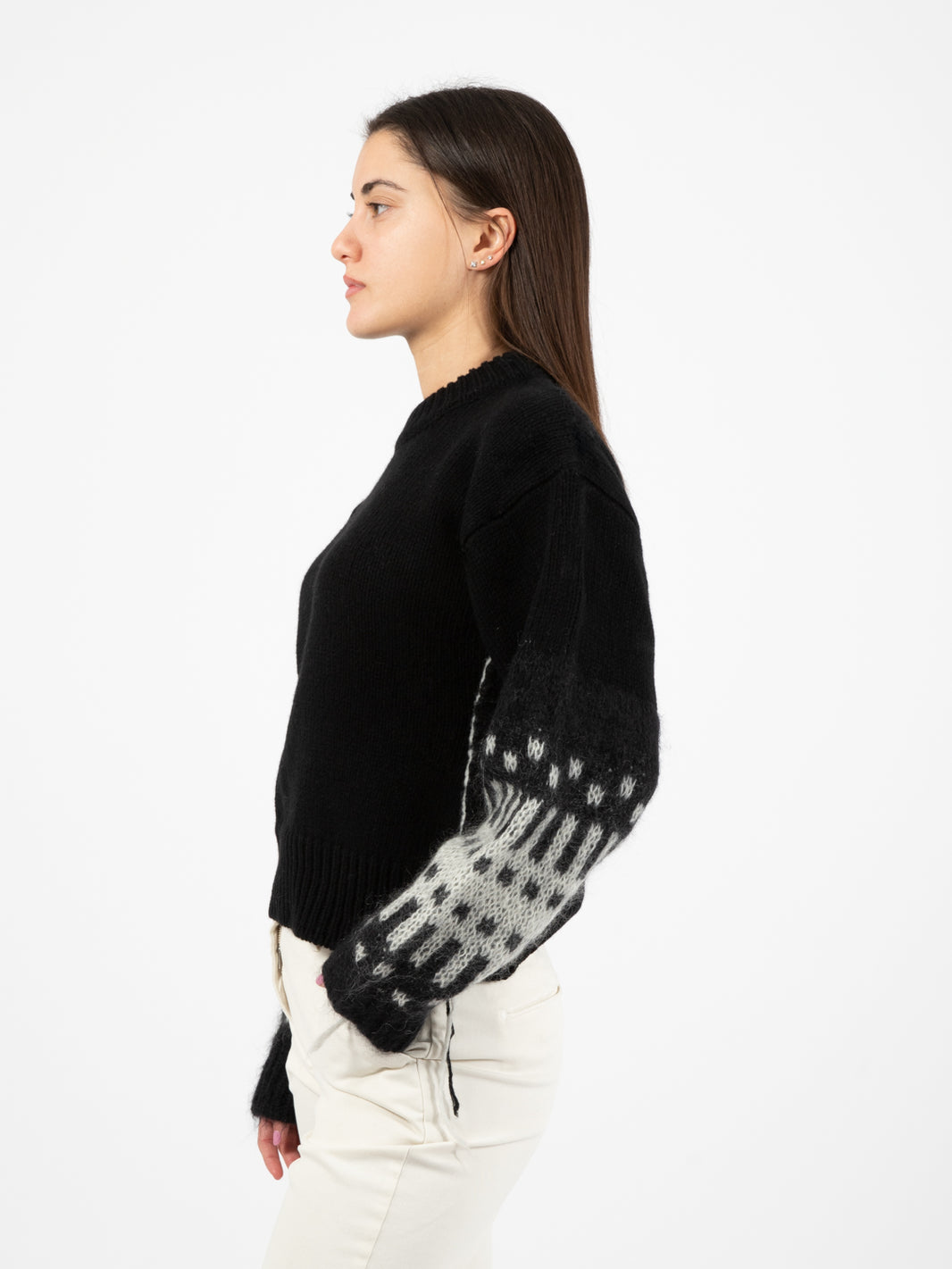 Maglione girocollo manica jacquard nero / bianco