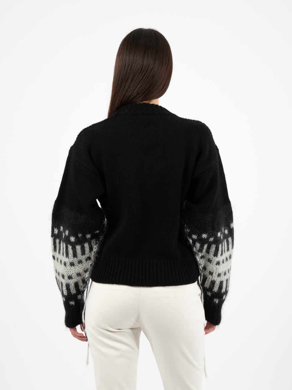 Maglione girocollo manica jacquard nero / bianco