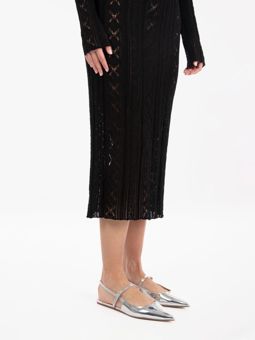 Abito midi a maniche lunghe crochet nero
