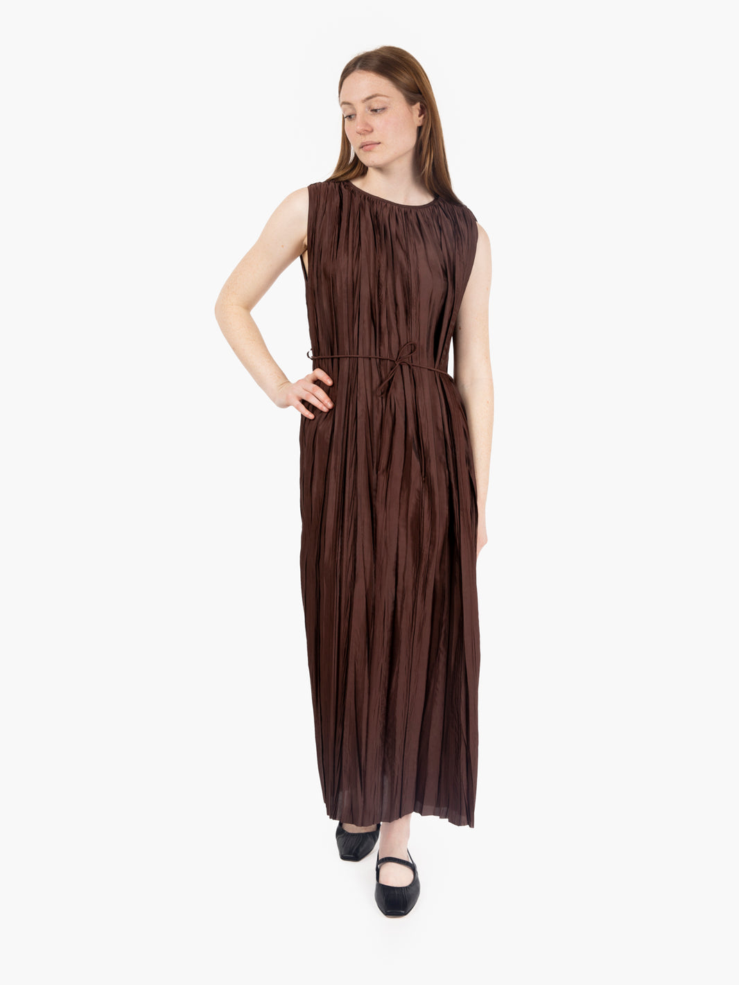 Dark brown pleated midi dress