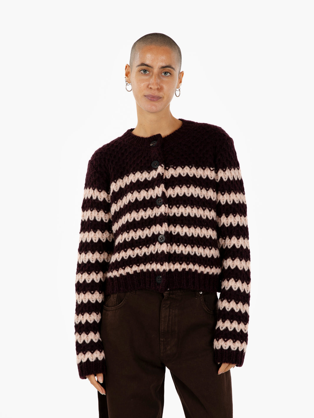 Cardigan a righe in alpaca bordeaux