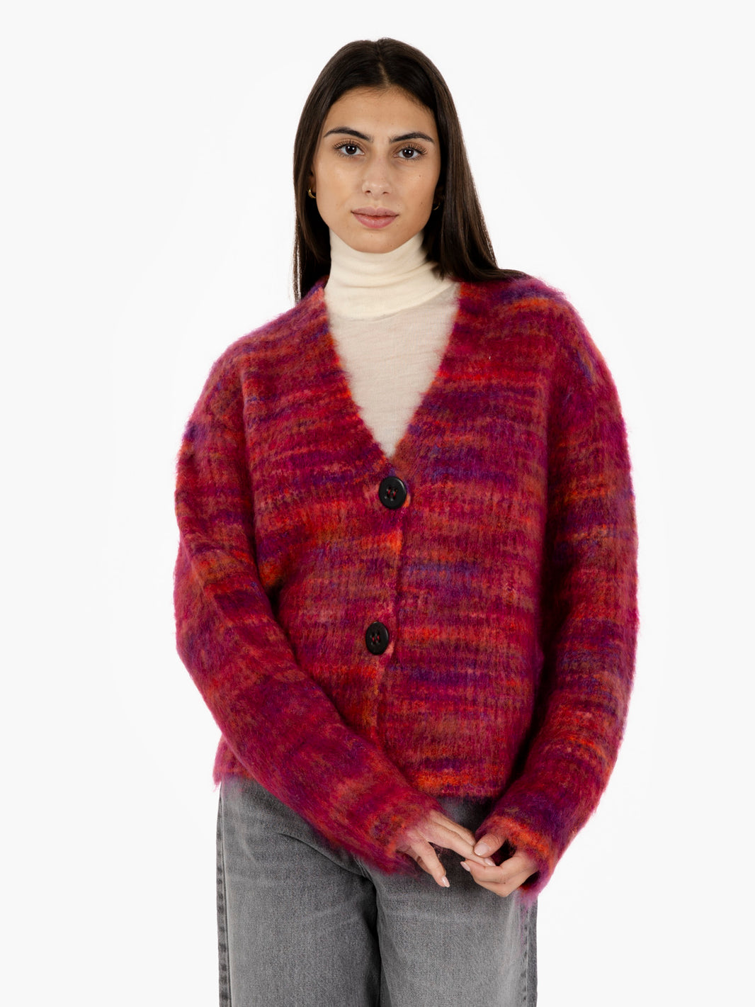 Cardigan in lana merino fuxia / cognac