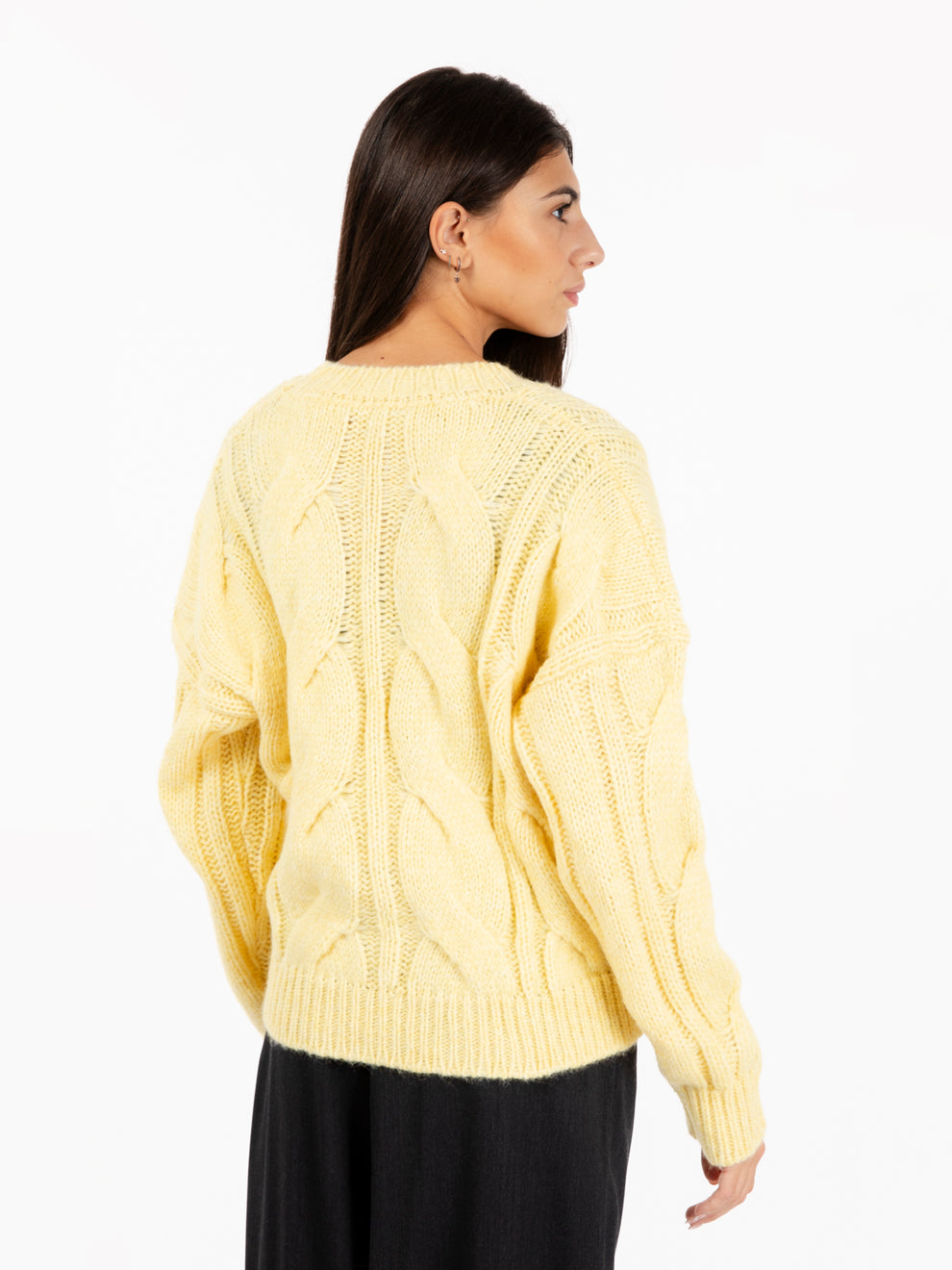 Yellow V-Neck Cable Knit Sweater