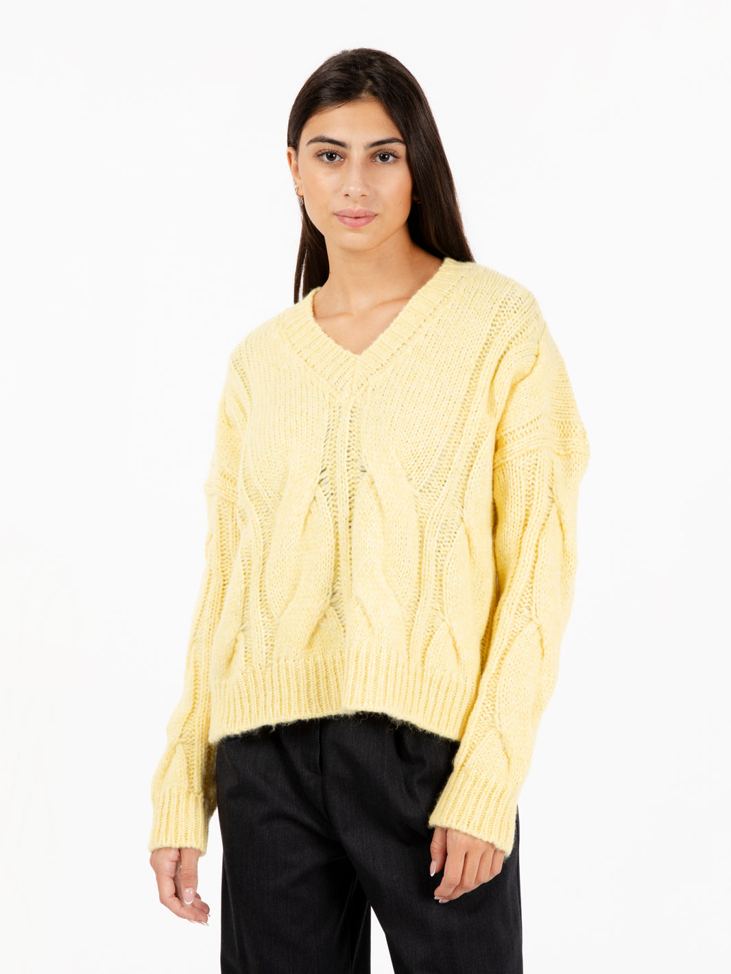 Yellow V-Neck Cable Knit Sweater