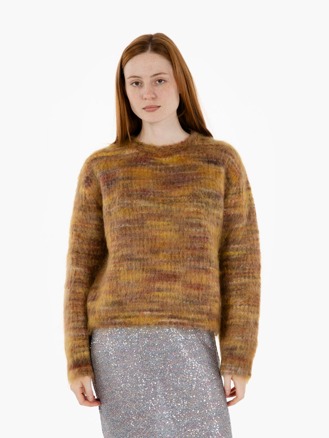 Maglione girocollo in lana camel / ocra