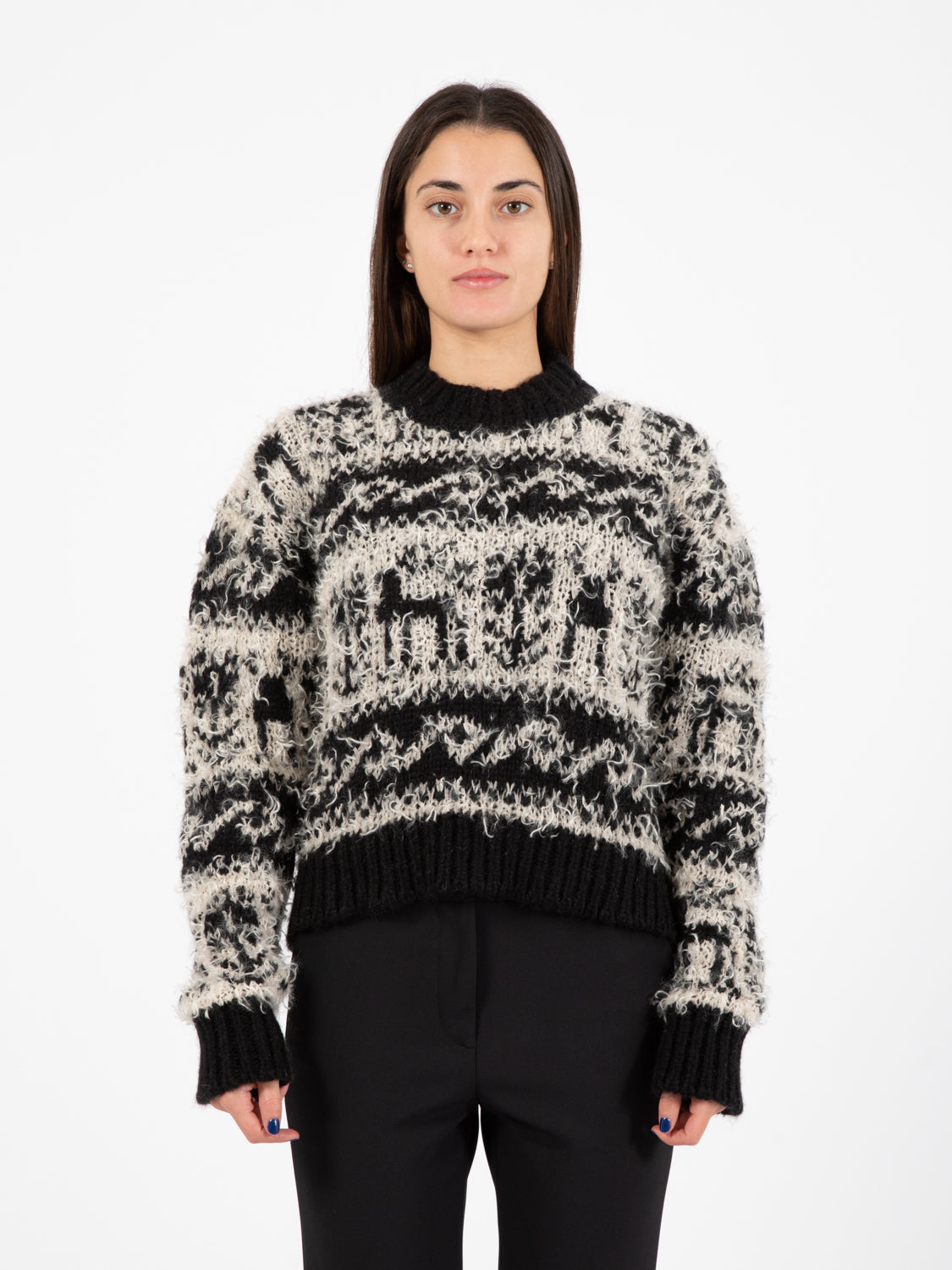 Black jacquard crewneck sweater