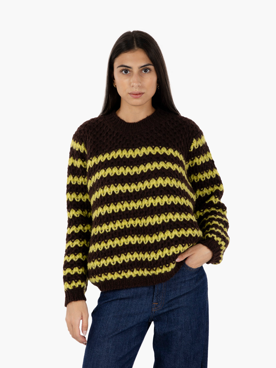 Maglione girocollo rigato moro