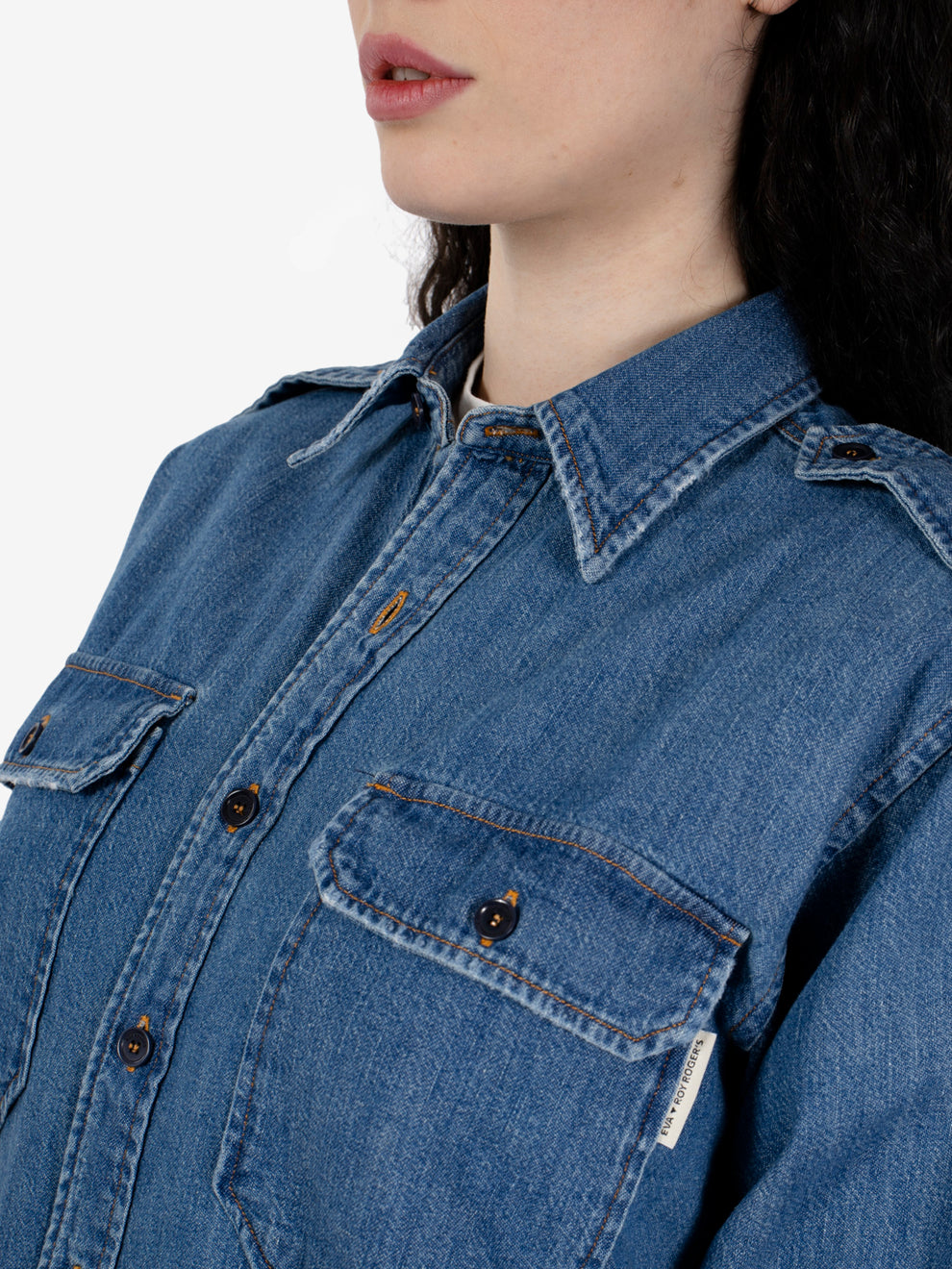 Eva Herzigova x Roy Roger's Camicia military denim vintage blu
