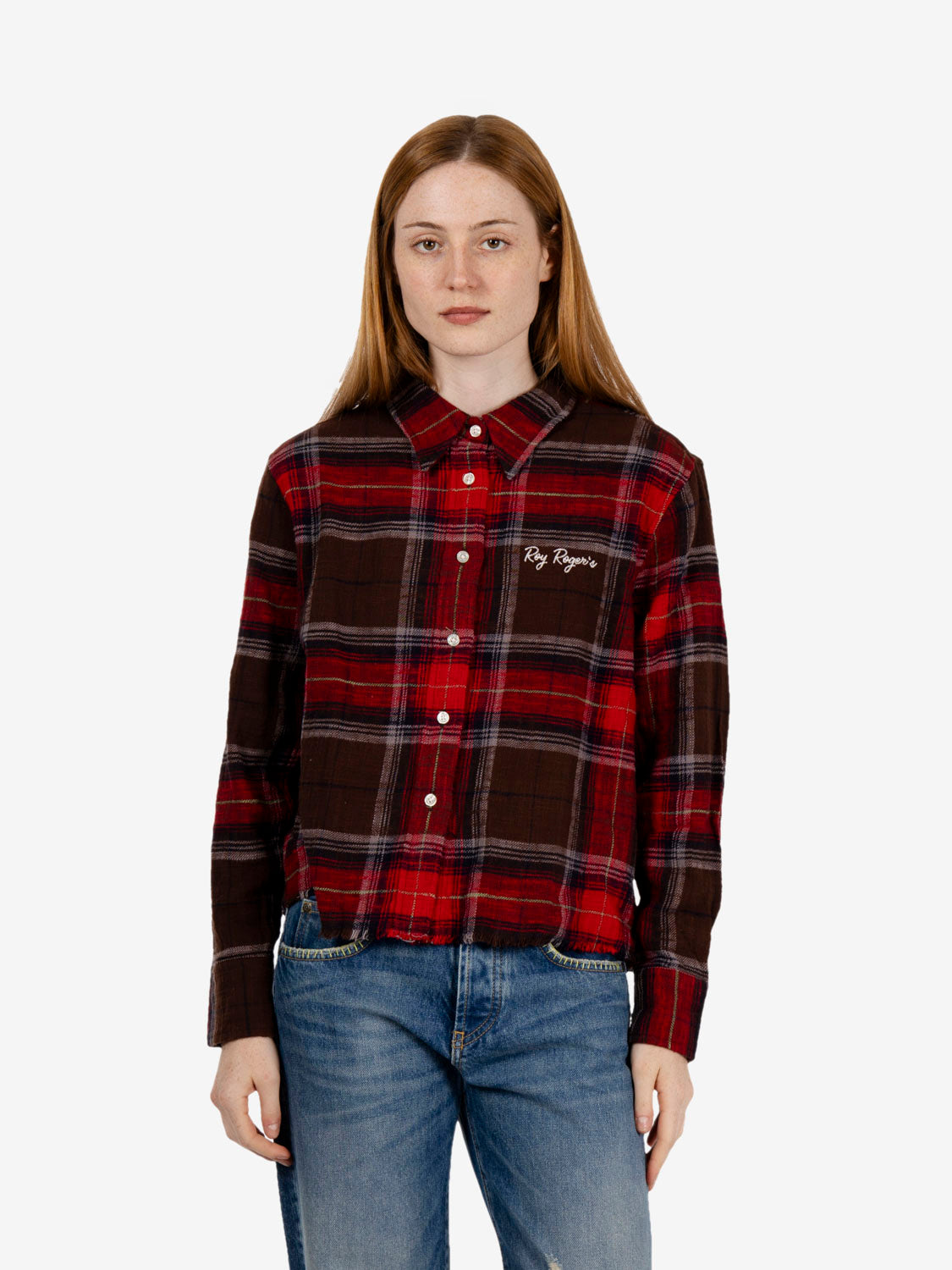 Elly Raw Hem shirt slub check brown / red
