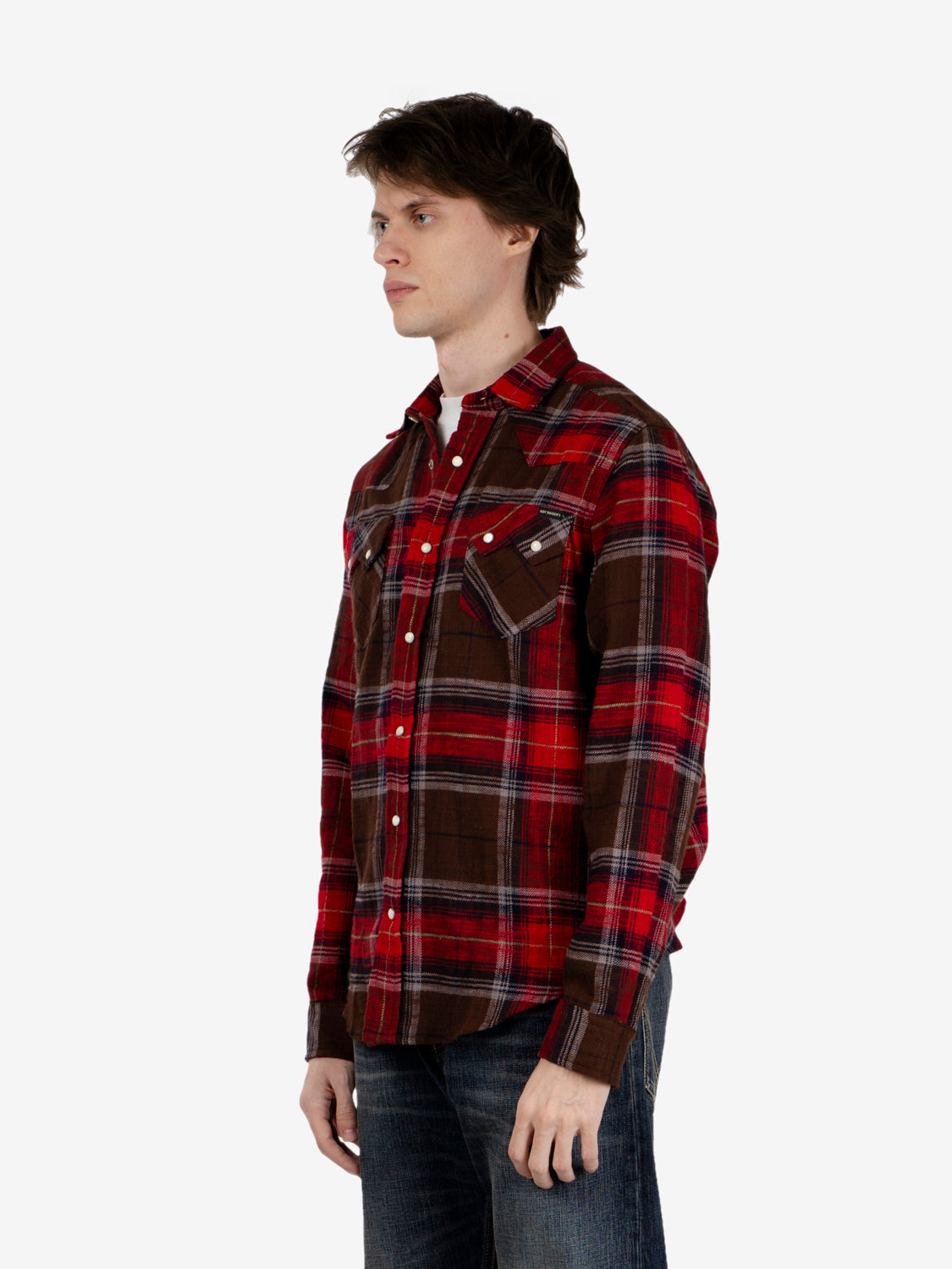 Western shirt Slub check washed brown / red