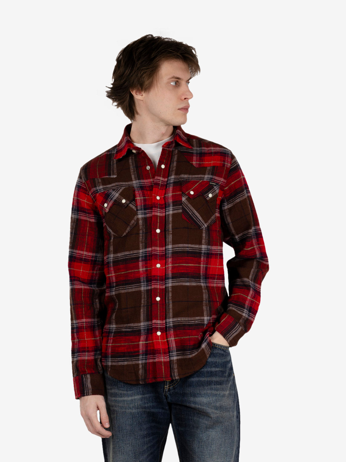 Western shirt Slub check washed brown / red