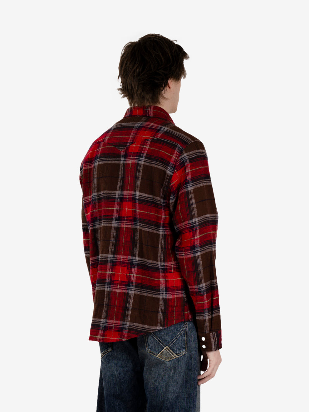 Western shirt Slub check washed brown / red
