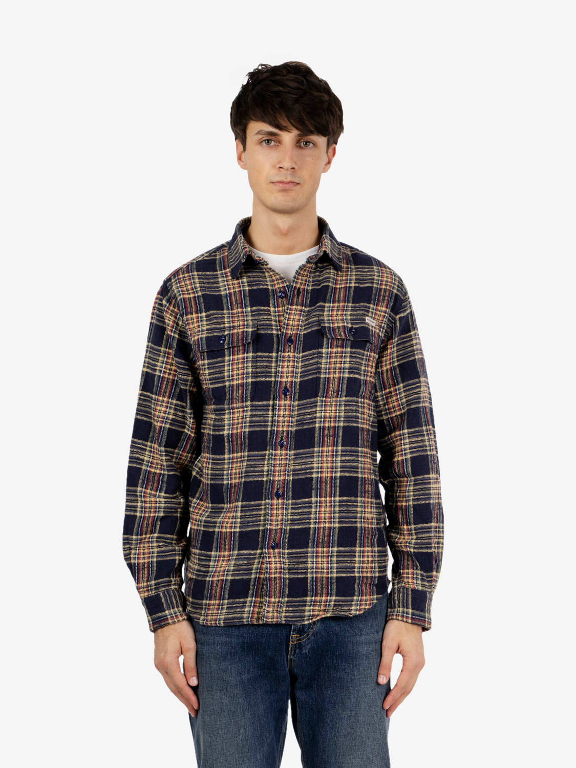 Work shirt slub check washed blue / yellow