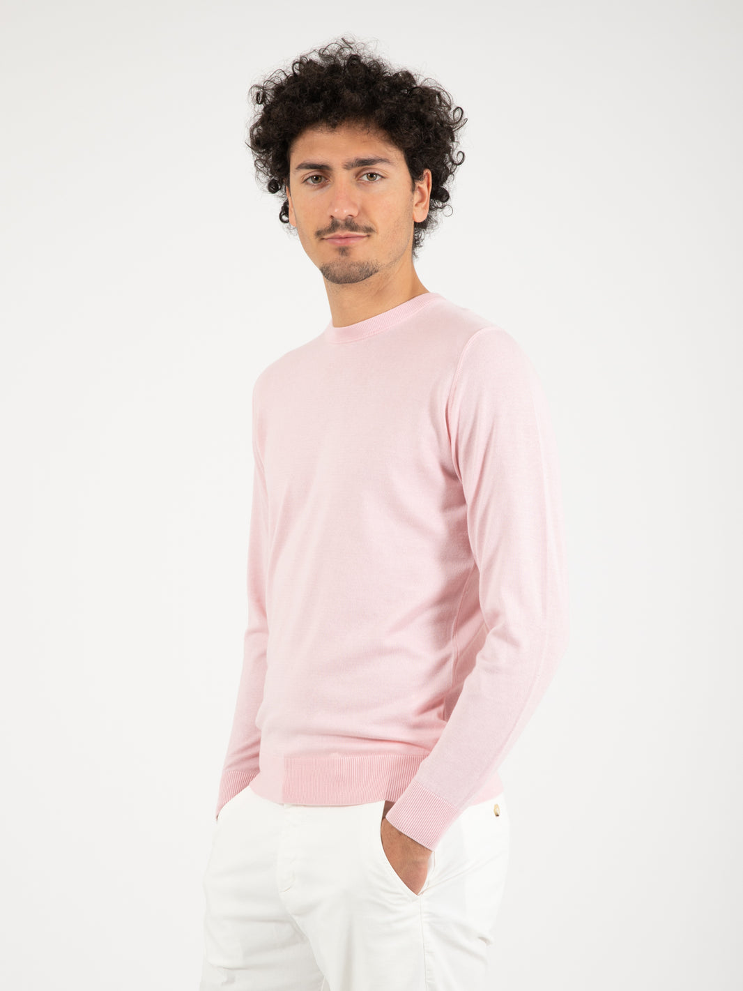 Maglia girocollo in cotone e cashmere confetto
