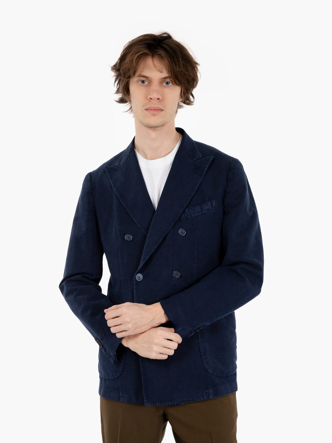 Navy Cotton Linen Double Breasted Blazer