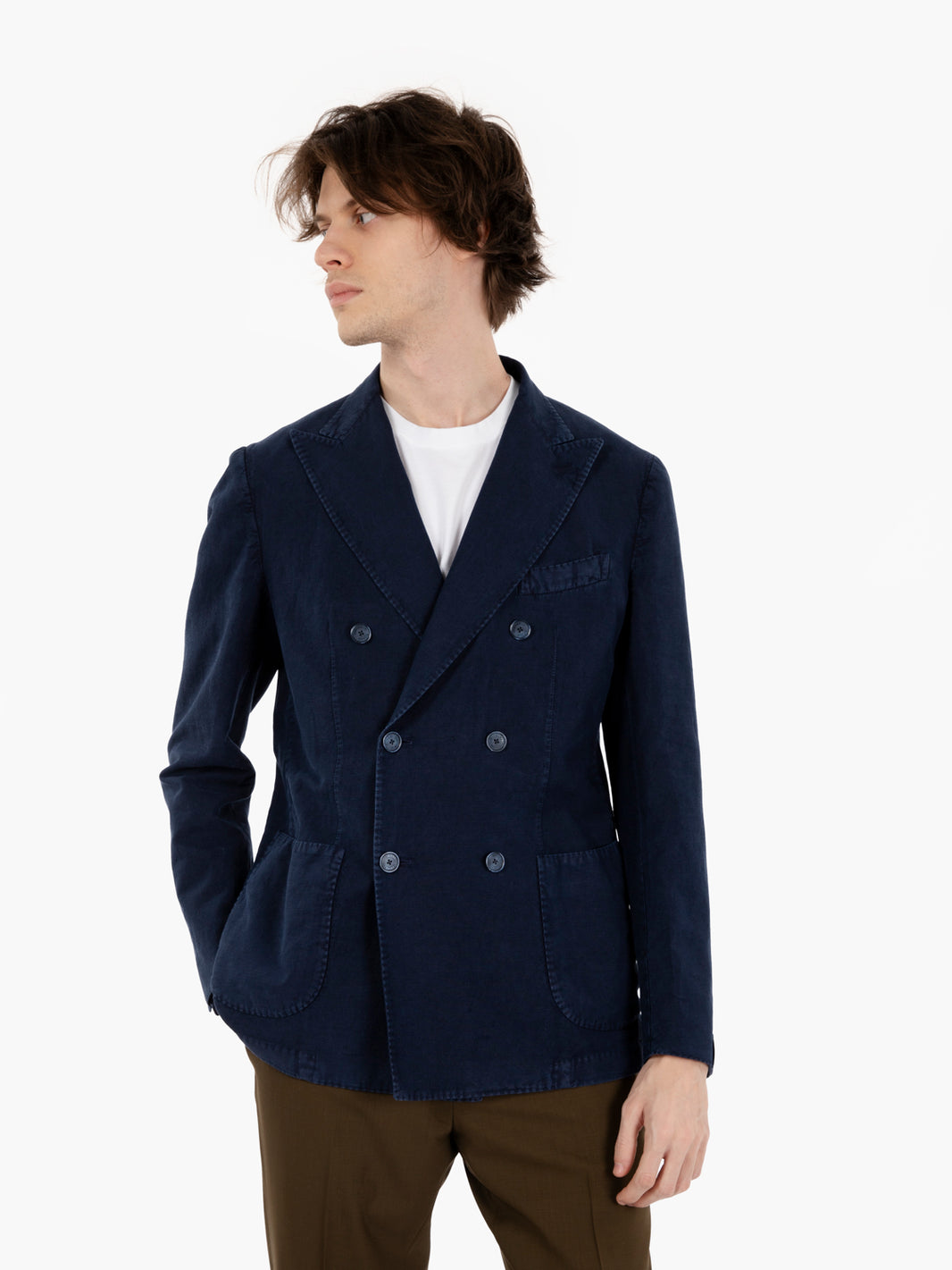 Navy Cotton Linen Double Breasted Blazer