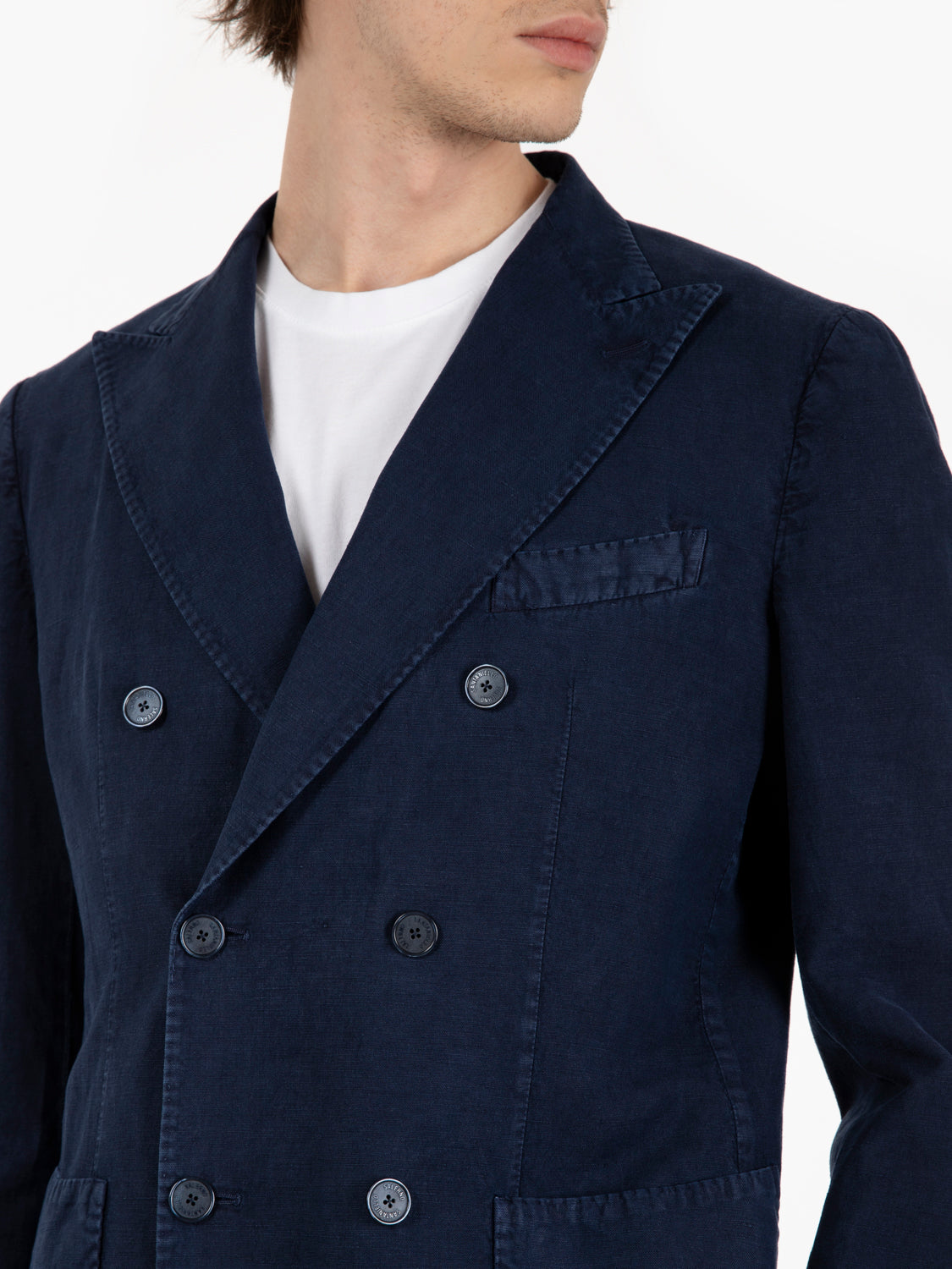 Blazer doppiopetto in cotone e lino navy