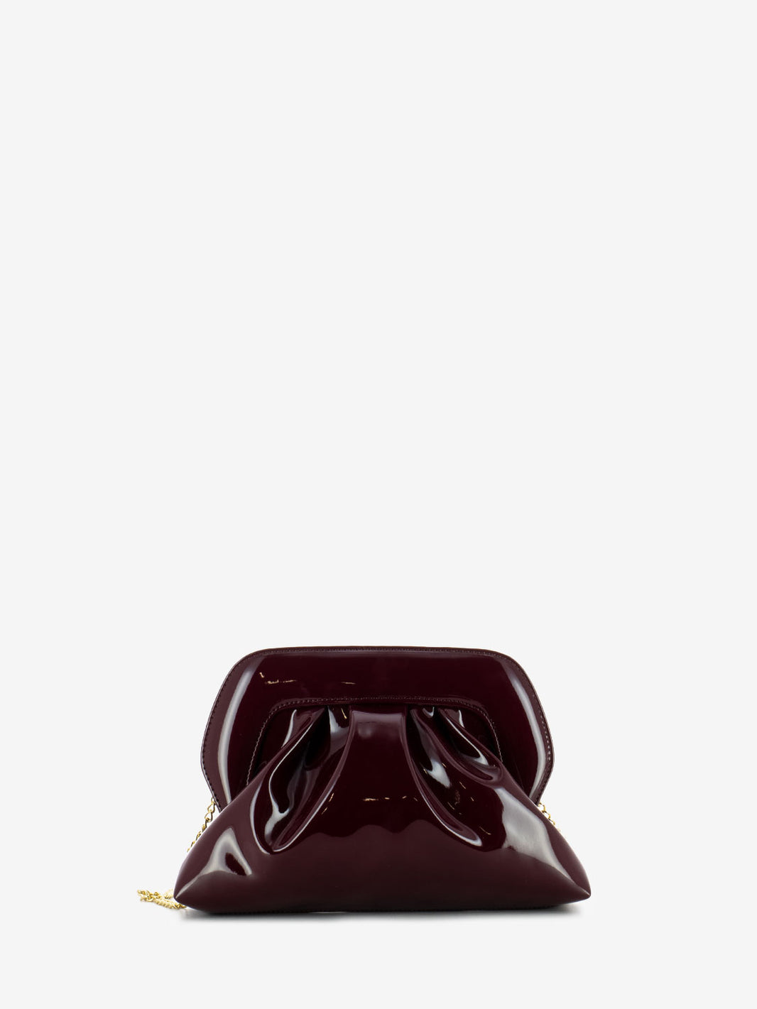 Burgundy patent leather clutch bag with shoulder strap