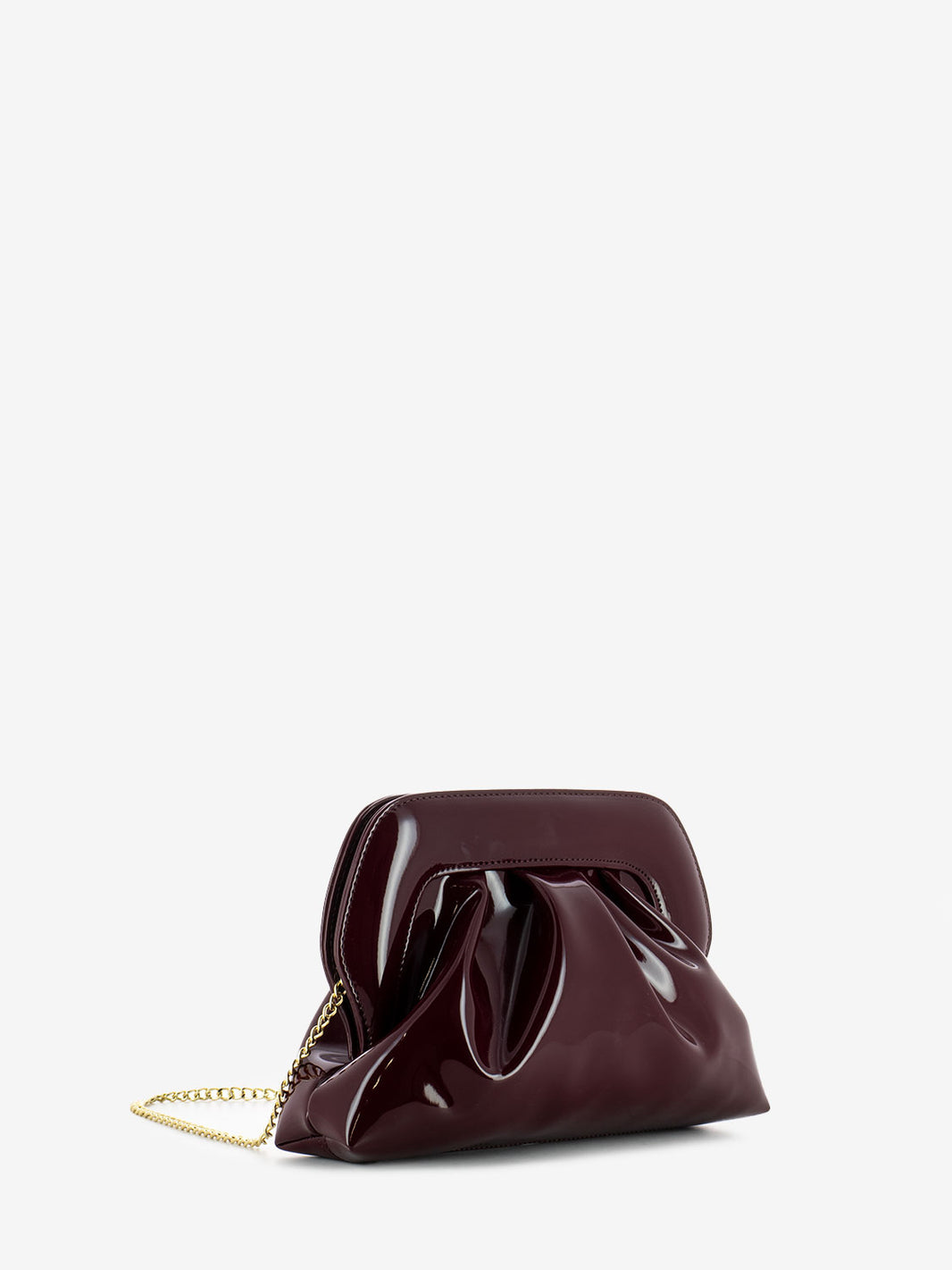 Burgundy patent leather clutch bag with shoulder strap