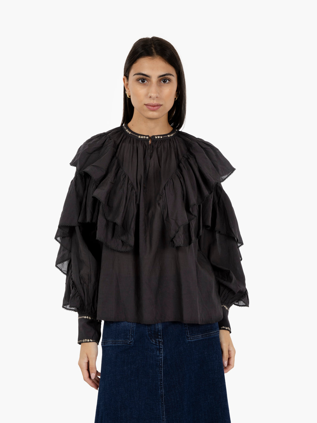 ONYX BLACK RUFFLED SHIRT SELONA_BLK