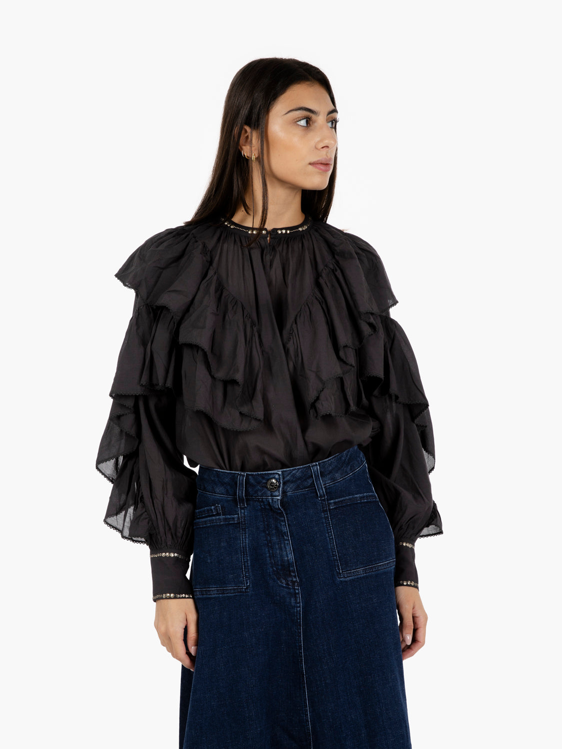 ONYX BLACK RUFFLED SHIRT SELONA_BLK