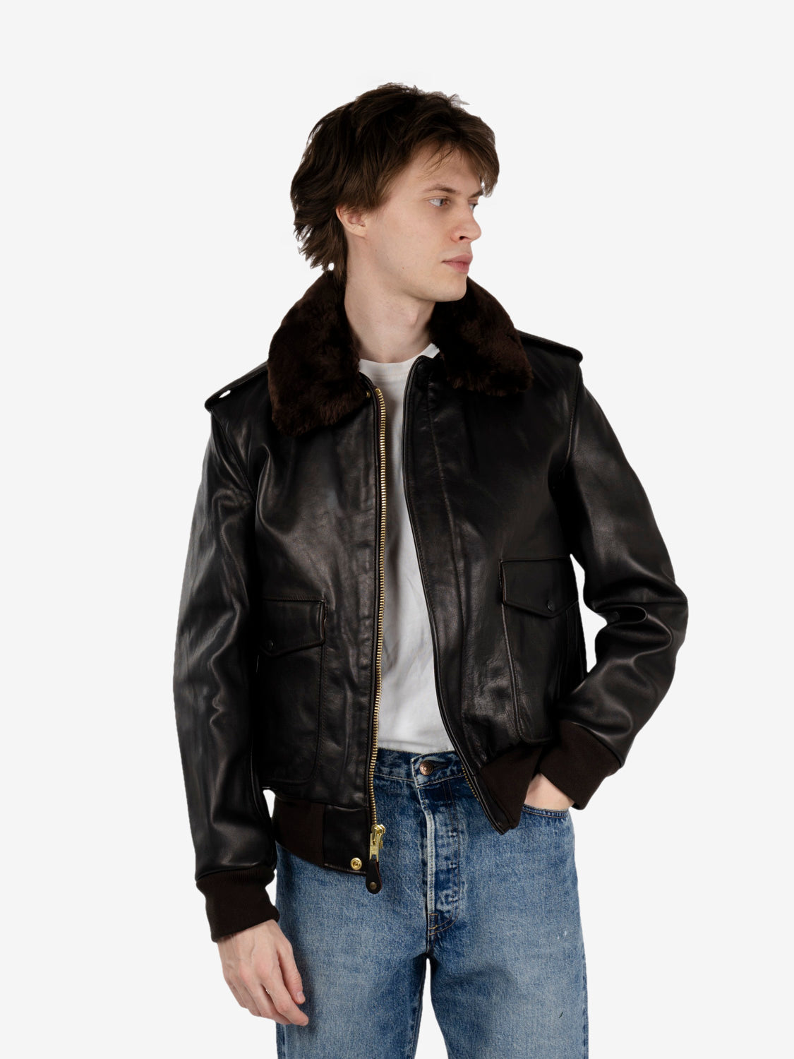 Giacca aviatore in pelle e pelo marrone