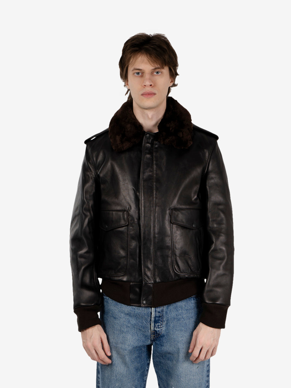 Giacca aviatore in pelle e pelo marrone
