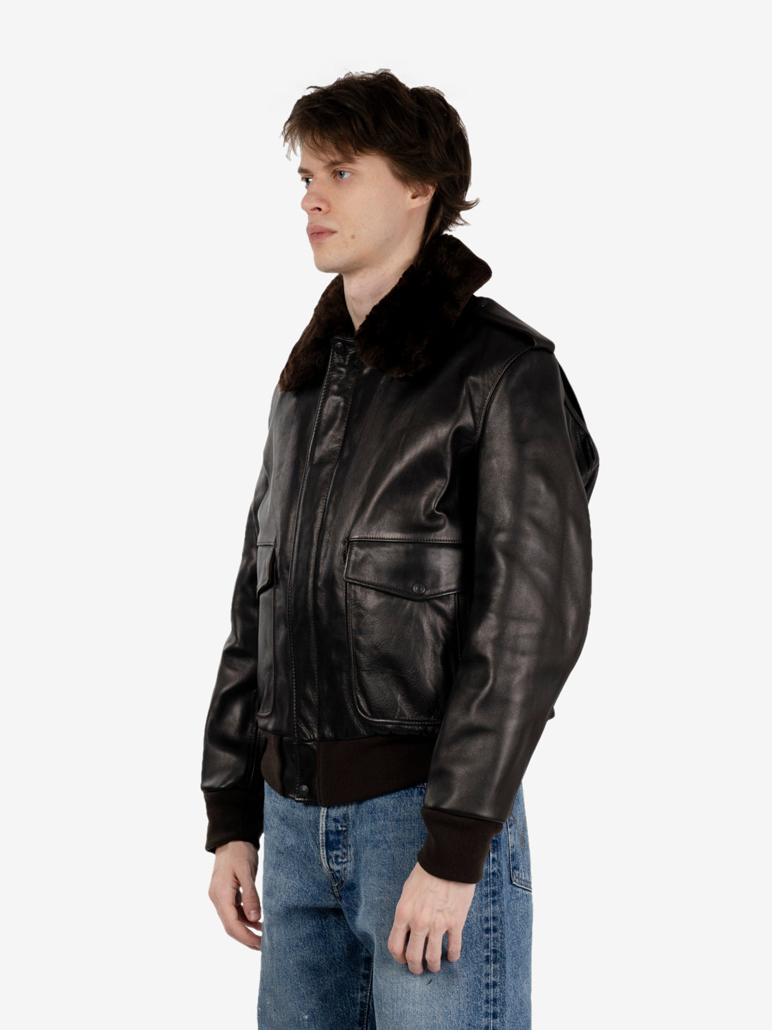 Giacca aviatore in pelle e pelo marrone