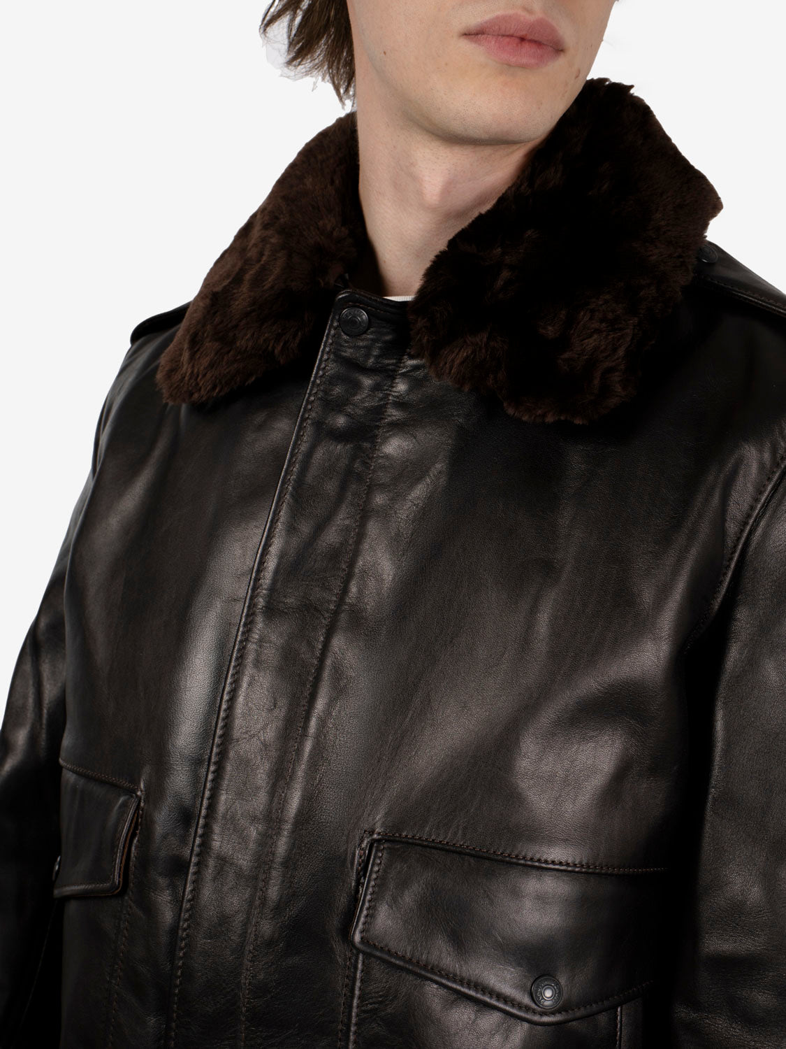 Giacca aviatore in pelle e pelo marrone