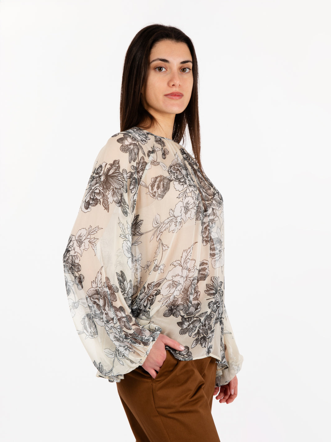 Blusa floreale Alexia panna / nero