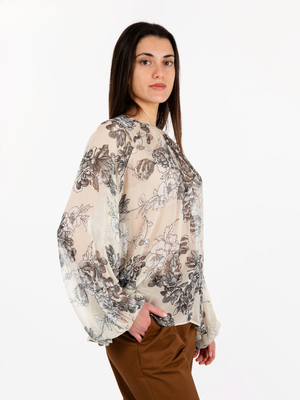 Blusa floreale Alexia panna / nero