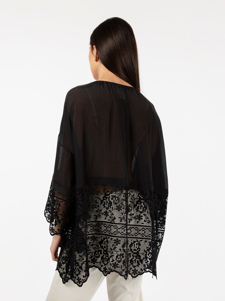 SEMICOUTURE - Blusa in mussola e pizzo macramè nera