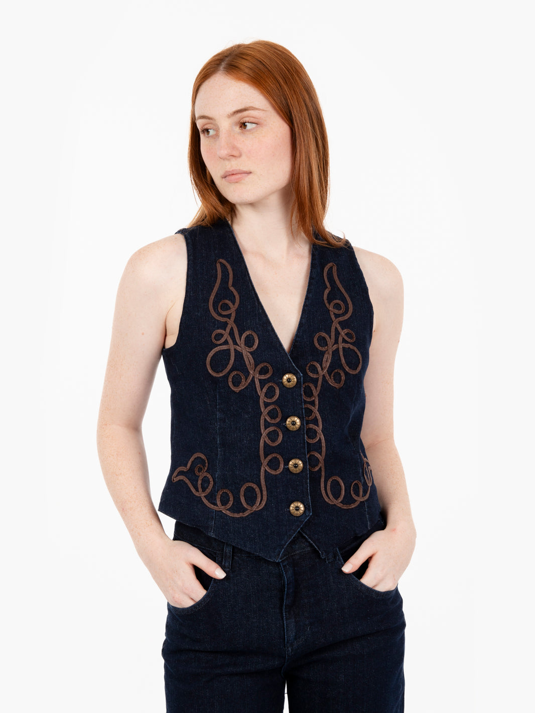 Gilet in denim 9oz con dettaglio ricamato blu