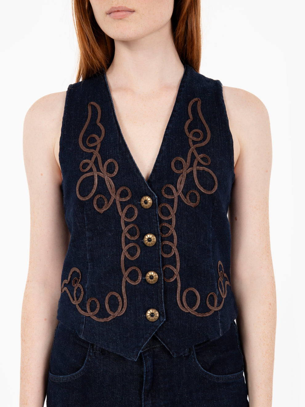 Gilet in denim 9oz con dettaglio ricamato blu