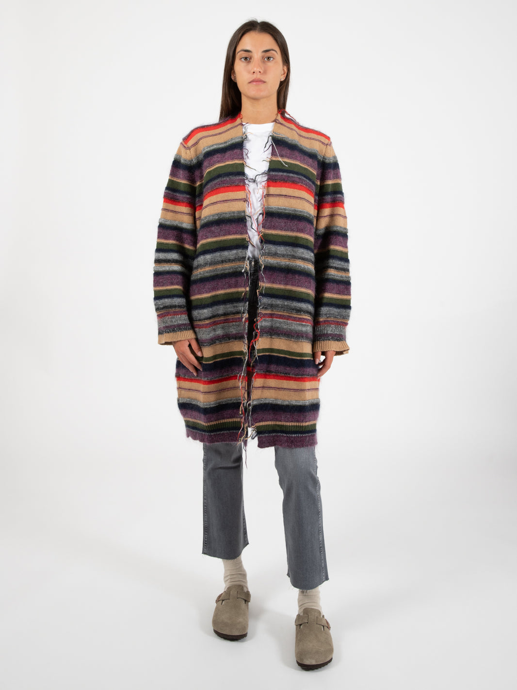 Multi-colored cardigan with aubergine fringes