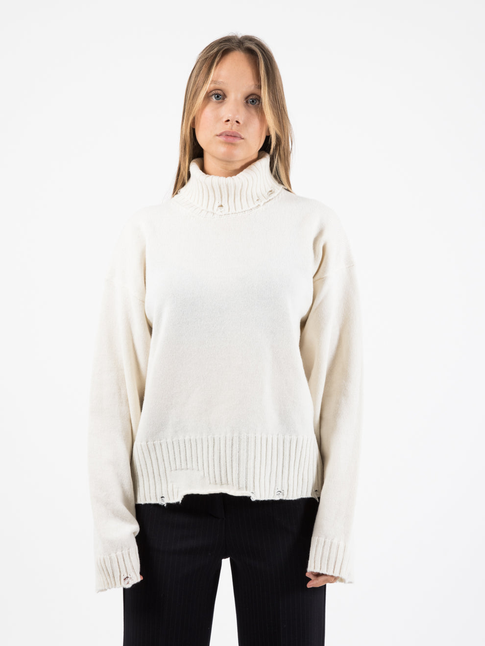 Cream lived-in effect oversized turtleneck