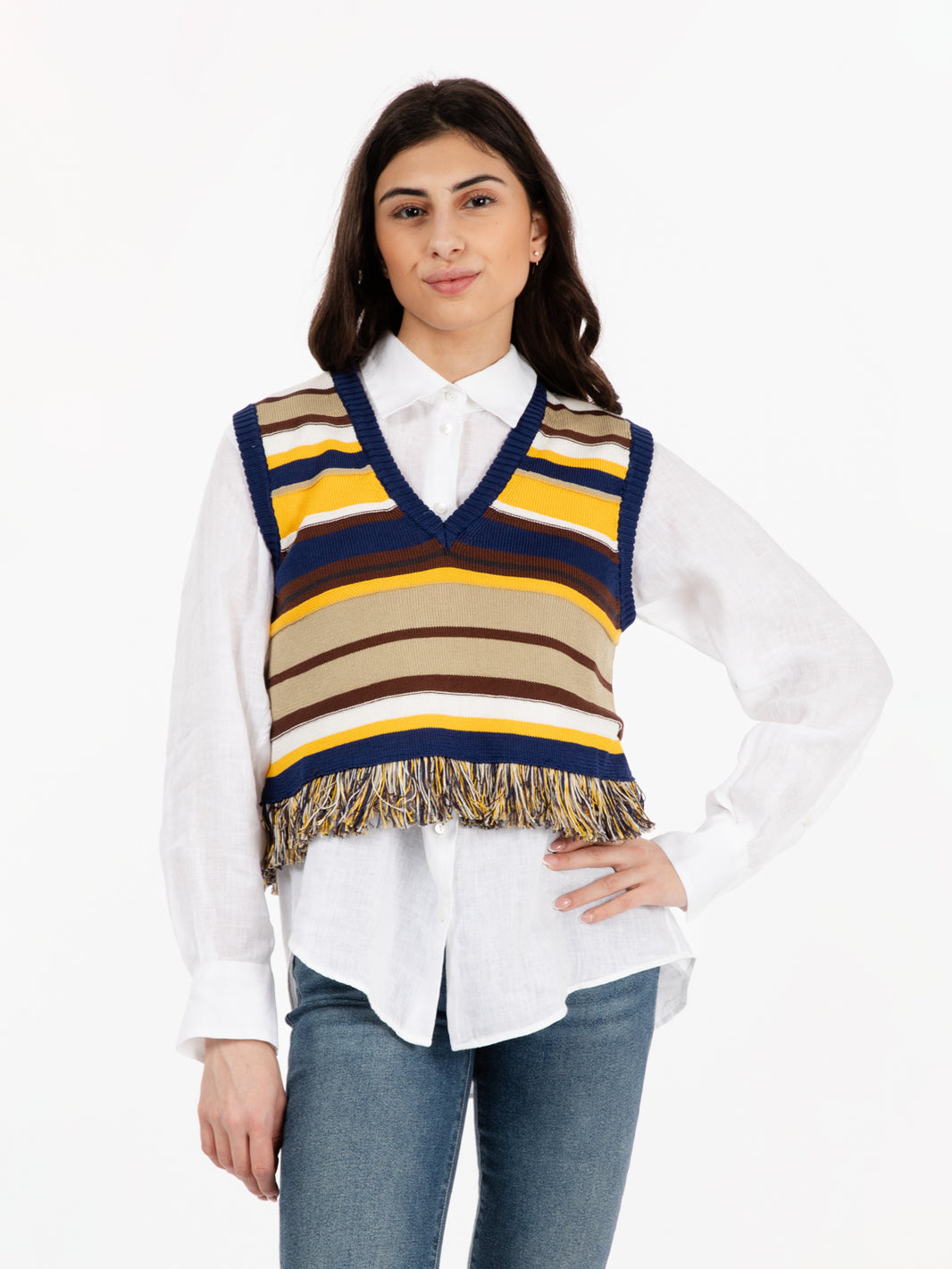 Gilet a righe con frange multicolor