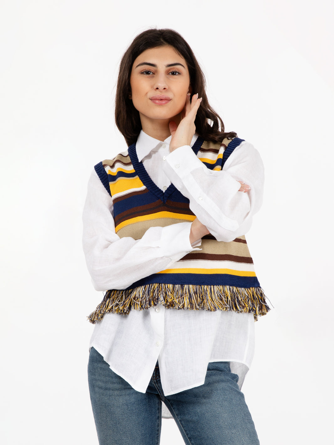 Gilet a righe con frange multicolor