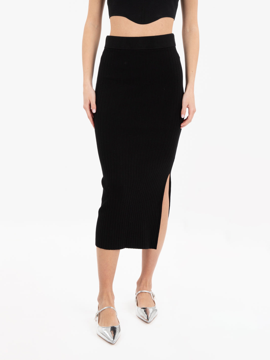 Black ribbed midi skirt