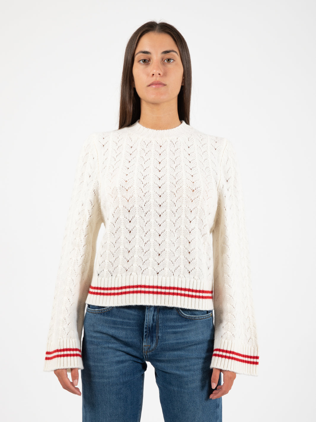 Cream perforated crew neck sweater